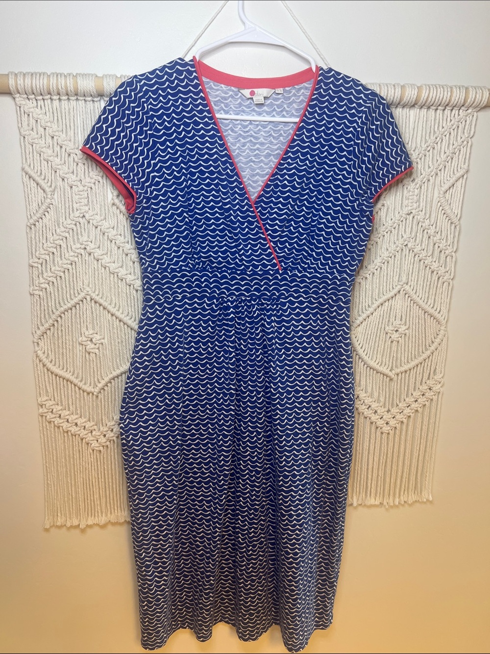 Boden Blue Wave Wrap-Style Midi Dress with Pink Trim